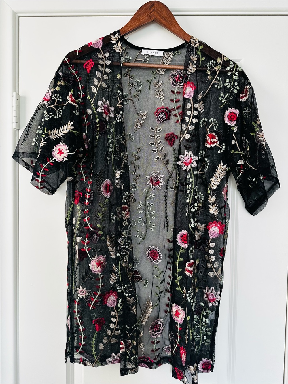Black Sheer Floral Embroidered Cardigan by Glance